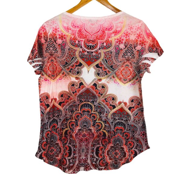 One World Casual Paisley Print Top Sz Large Boho Chic Pink Red Embellished - Picture 7 of 7